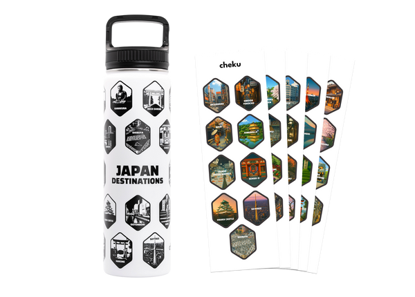 White water bottle with black graphics and 'Japan Destinations' text, accompanied by colorful hexagonal stickers on a white background.