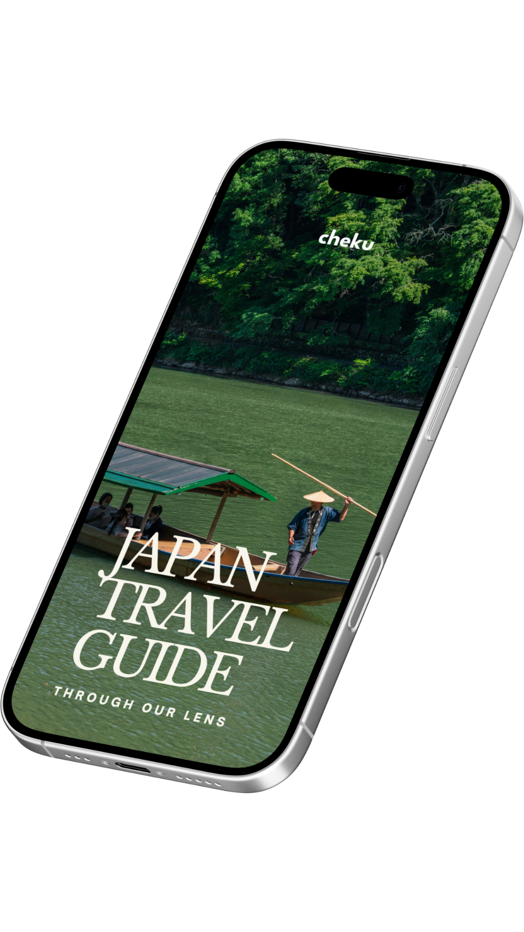 Phone displaying a Japan travel guide with a green background of Kyoto and text that says cheku Japan travel guide through our lens