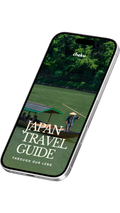 Phone displaying a Japan travel guide with a green background of Kyoto and text that says cheku Japan travel guide through our lens