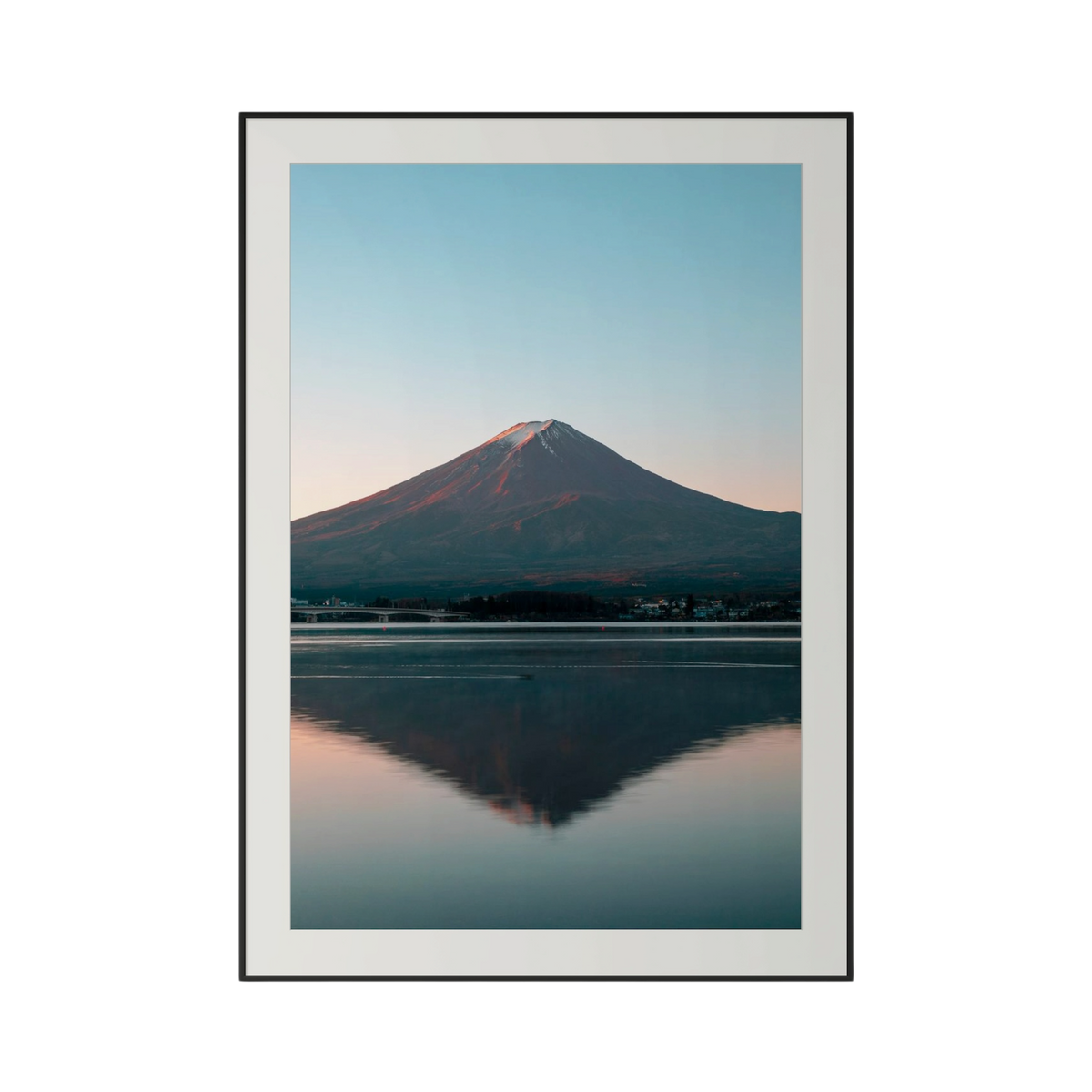Framed artwork of Mount Fuji reflected in water with a blue sky cheku Premium Photography Print Sunrise Fuji
