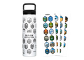 White water bottle with black lid and 'Japan Destinations' design, next to a sheet of colorful hexagonal stickers on a white background.