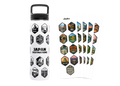 White water bottle with black graphics and 'Japan Destinations' text, accompanied by colorful hexagonal stickers on a white background.