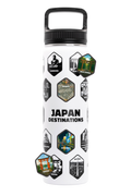 White water bottle with black lid featuring hexagonal icons of Japan destinations on a white background