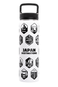 White water bottle with black graphics and text on a white background cheku Japane Destinations Traveler Bottle