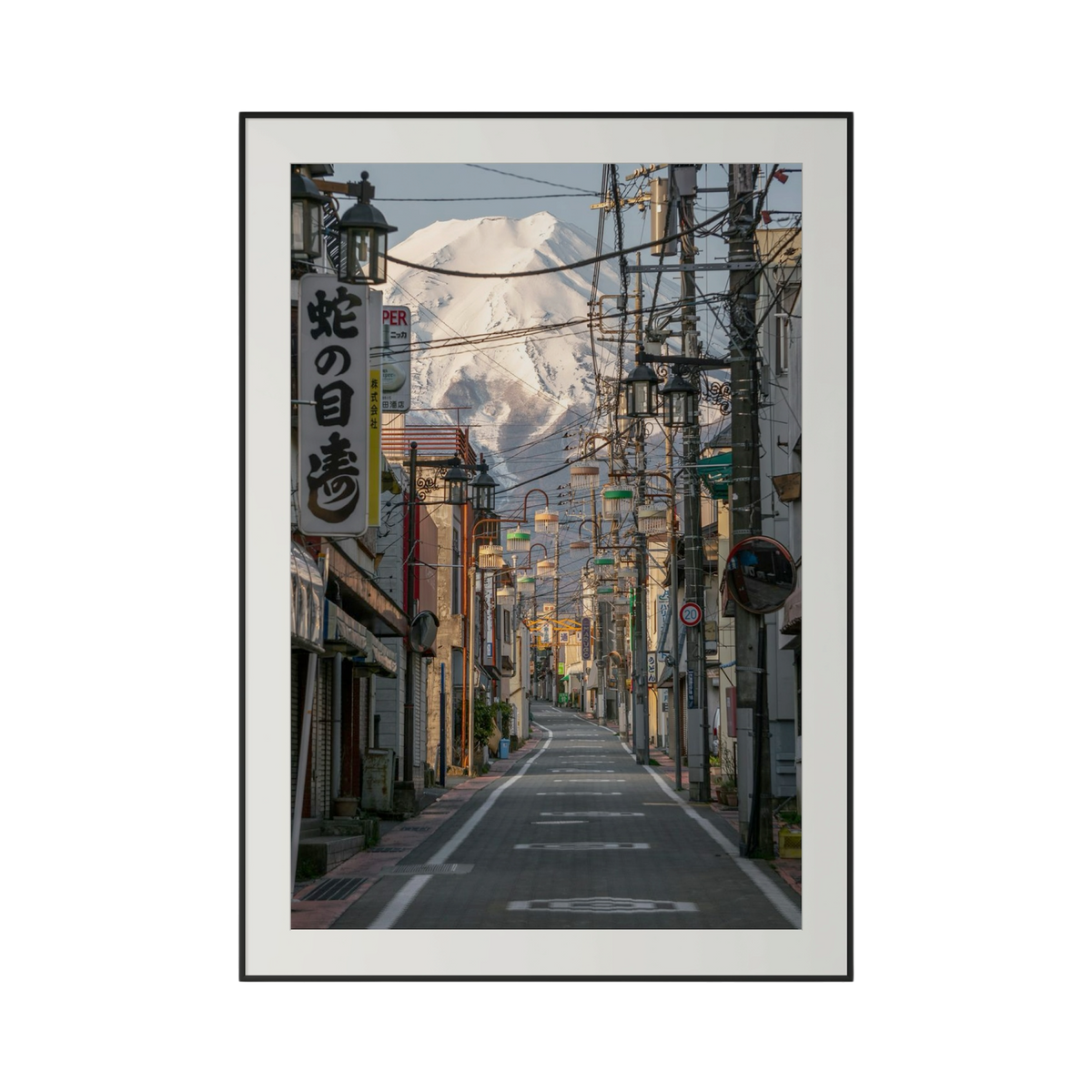 Framed photograph of a street scene with Mount Fuji in the background cheku Premium Photography Print Fuji Street