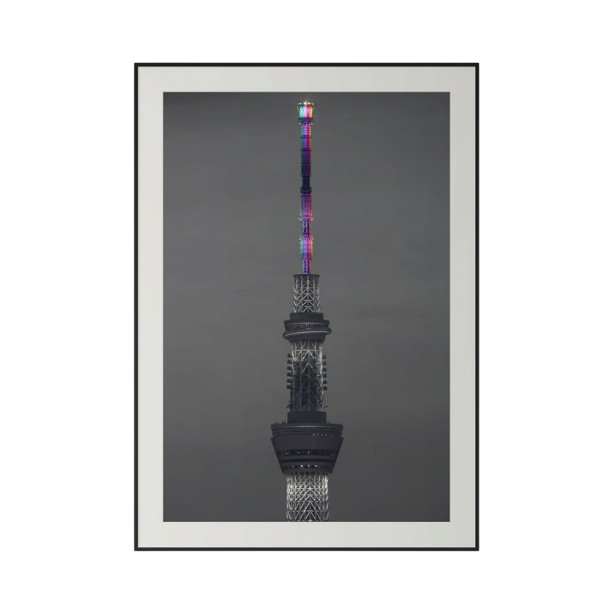 Framed artwork of a tower with a dark gray background cheku Premium Photography Print Skytree